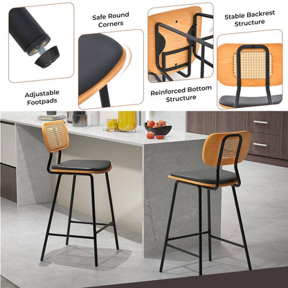 GiantexUK Bar Stools Set of 2, PU Leather Upholstered Barstools with Rattan Backrest, for Kitchen Dining Living Room Office