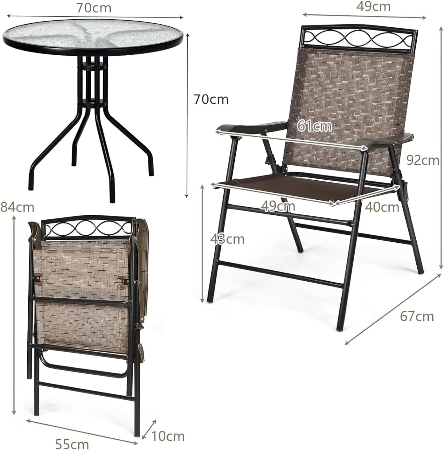 GiantexUK 70 cm Patio Table with Tempered Glass Tabletop and Sturdy Metal Legs