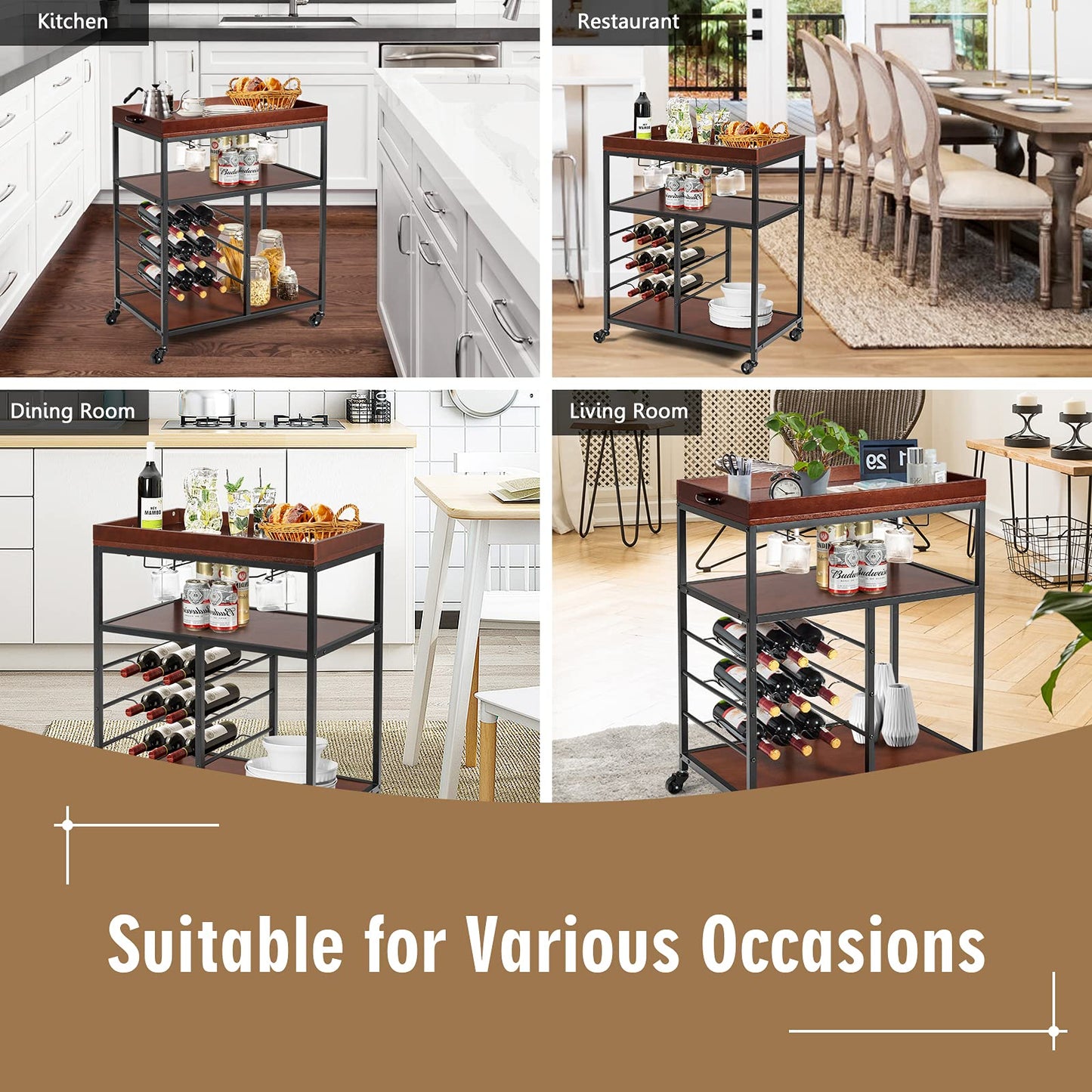 GiantexUK Kitchen Serving Cart, 3 Tier Rolling Cart Trolley with Wine Rack and Handle (3 Tiers Wine Rack, 71 x 45 x 93cm)