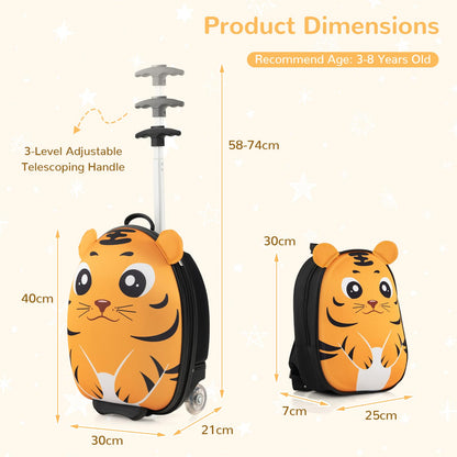 2 Pcs Kids Luggage Set, 12'' Hardshell Backpack and 16'' Suitcase Children Travel School Trolley Case on Wheels