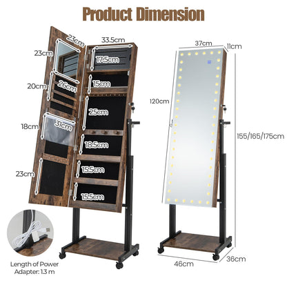 3-Color LED Lights Jewellery Cabinet, Freestanding Mobile Jewelry Armoire with Full Length Mirror and Bottom Shelf