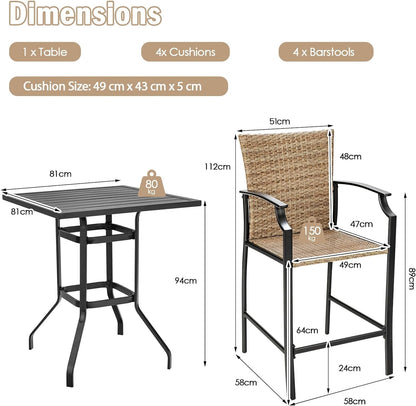 GiantexUK 5 Pieces Outdoor Bar Stool Set, Patio Rattan Bistro Set with 4 Wicker Bar Chairs & 1 Bar Table