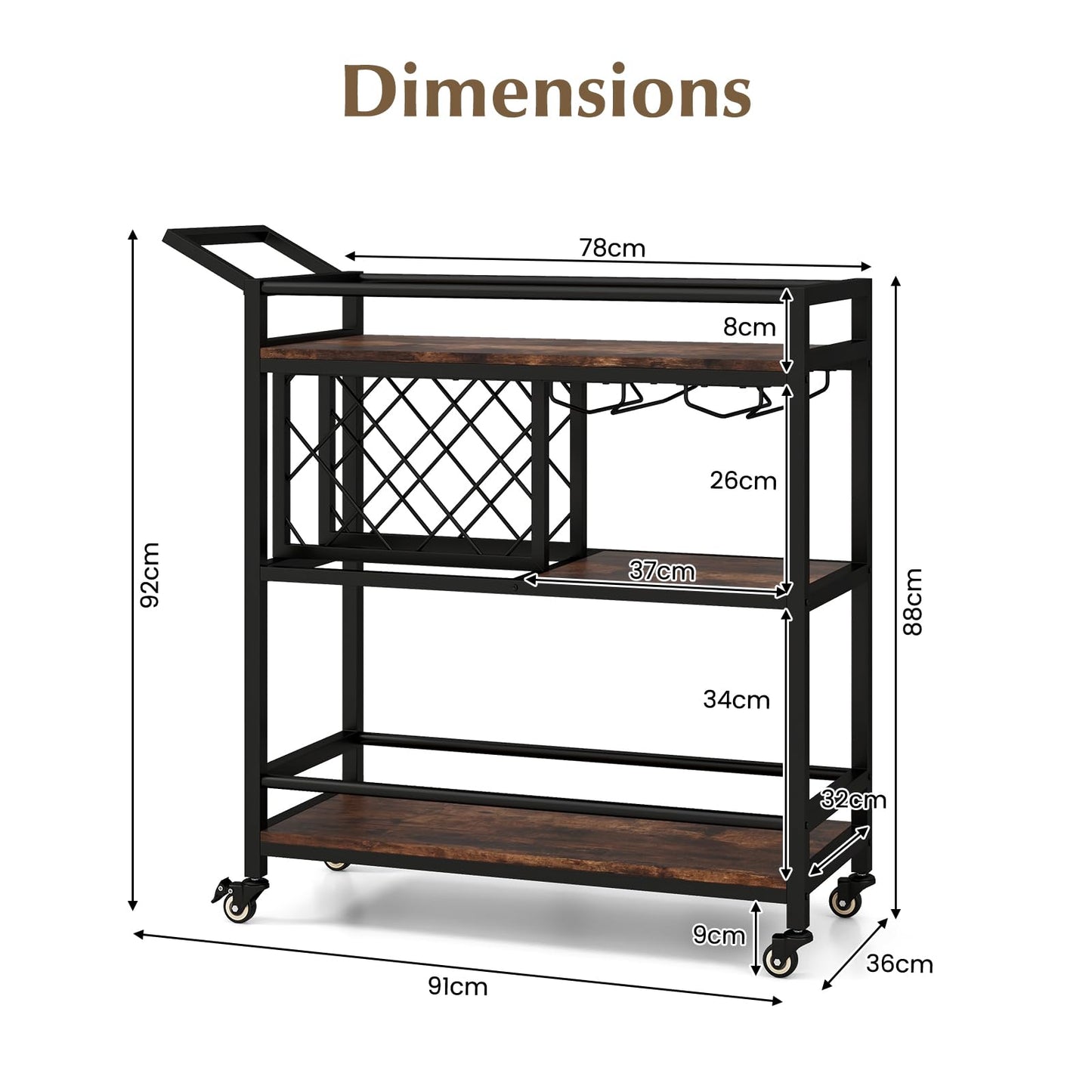 GiantexUK Rolling Serving Cart, 3-Tier Drinks Trolley with Lockable Wheels