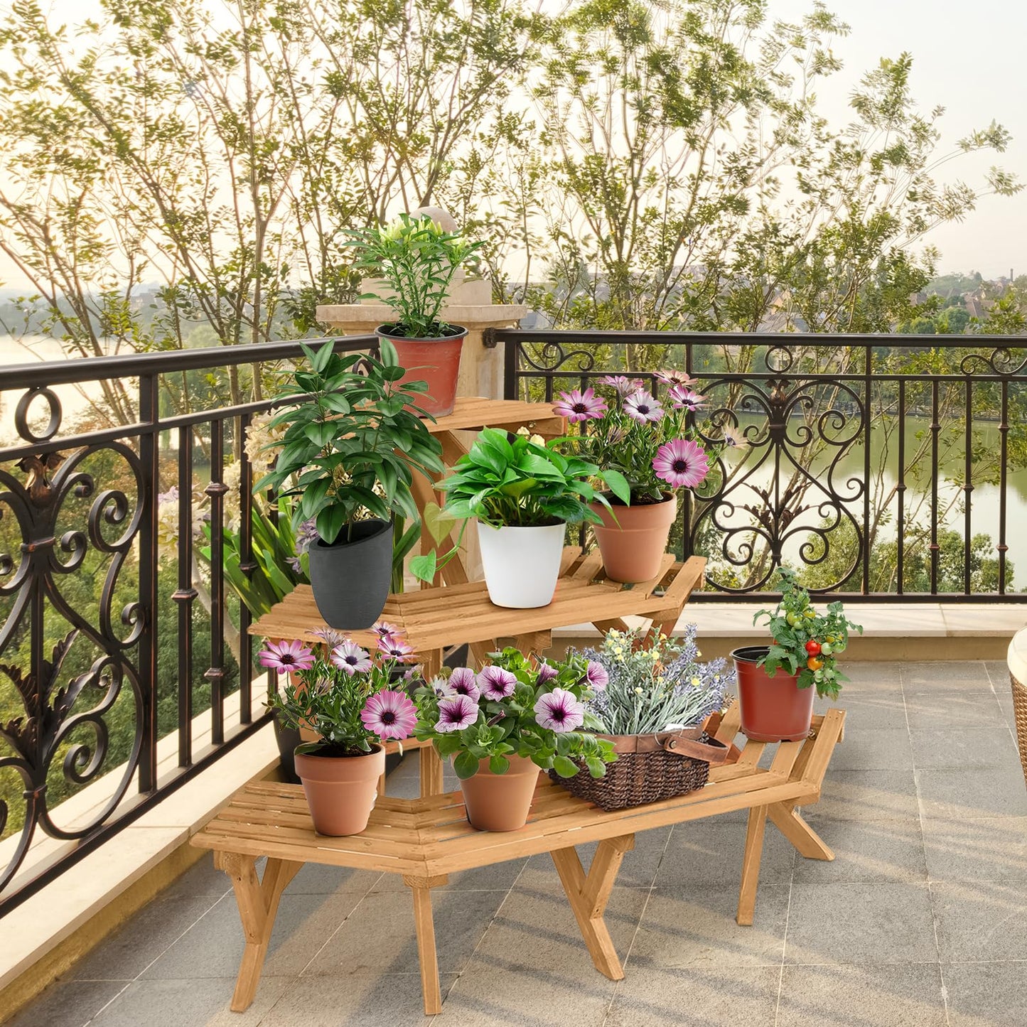 3-Tier Plant Stand, Freestanding Wooden Corner Ladder Flower Pots Rack