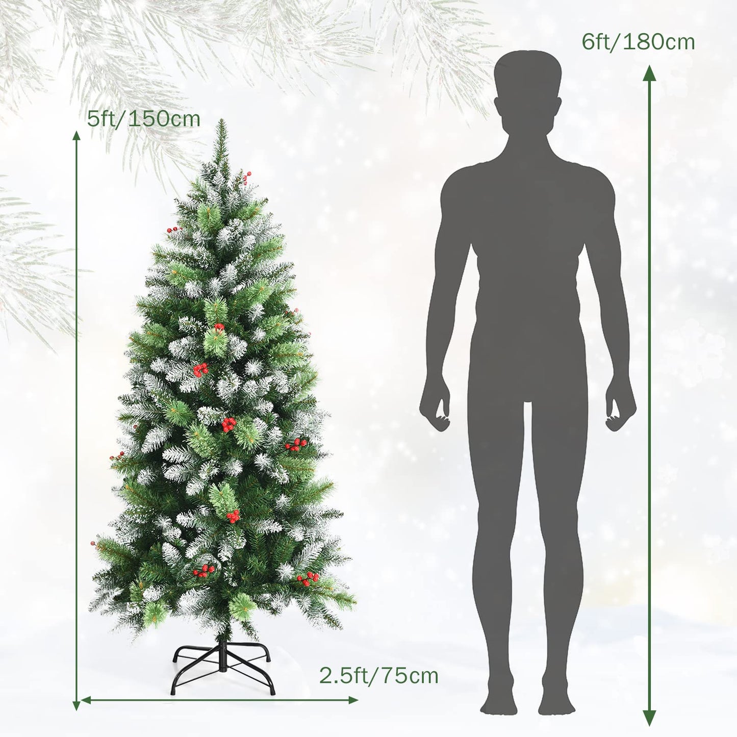 Artificial Pine Xmas Trees with Red Berries, PVC Tips & Metal Stand, Indoor Outdoor Christmas Decoration and Gift