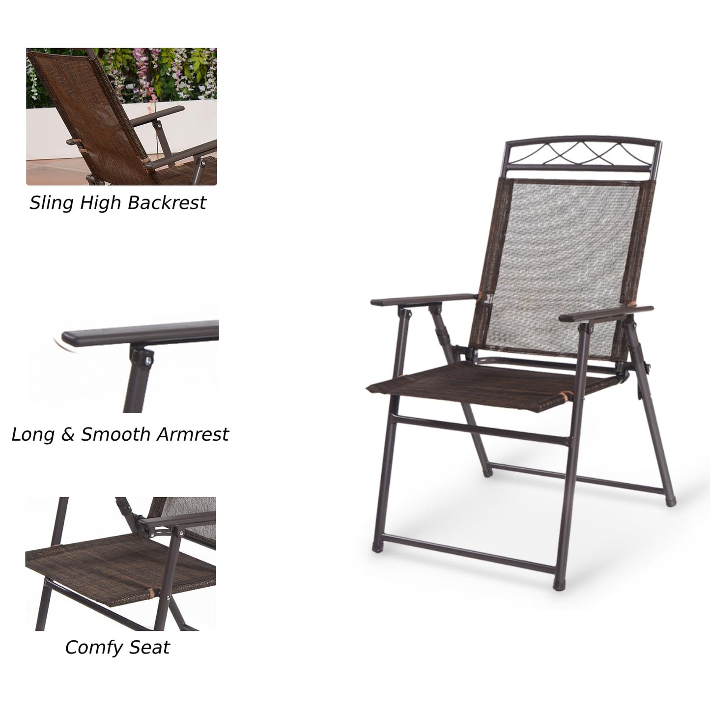 GiantexUK Folding Patio Chairs Set of 4, Metal Frame Garden Chairs with Backrest, Armrests & Footrest