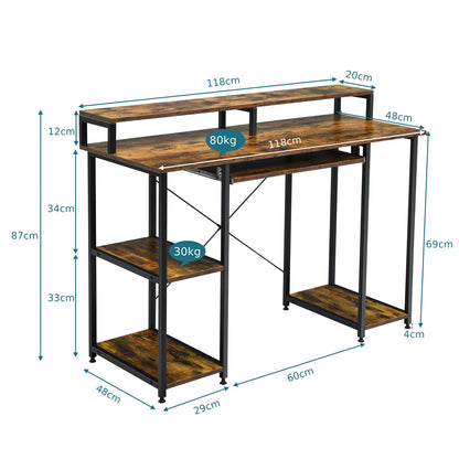 Wooden Laptop Desk, Industrial PC Table Workstation with Storage Shelves