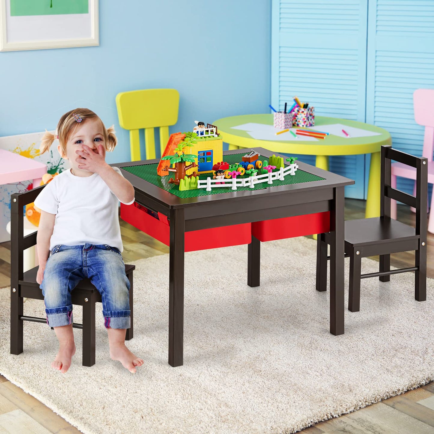 Kids Table and Chairs Set, Children Wooden Activity Table with Double-Sided Building Block Tabletop (Coffee)