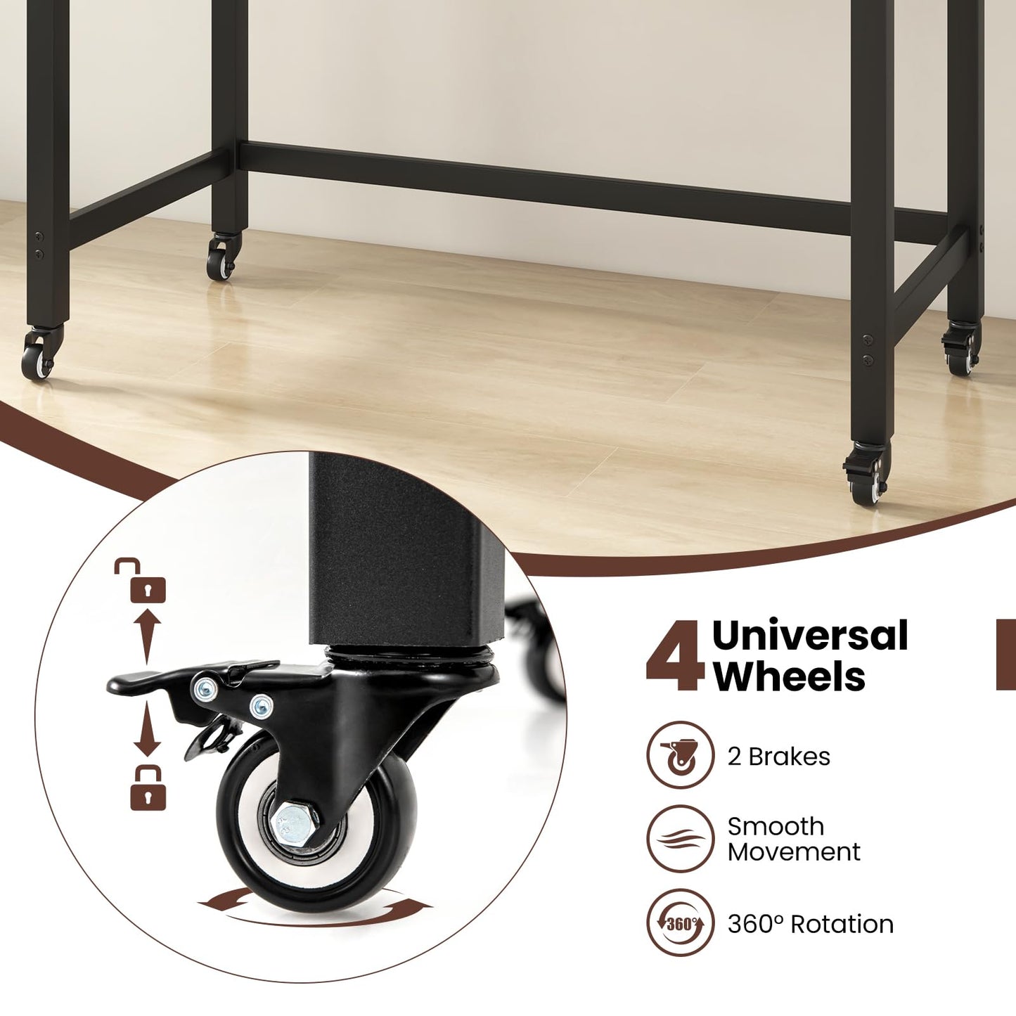 Rolling Computer Desk, 120cm Metal Frame Writing Desk with Wheels, Foldable Storage Bag & Earphone Hooks