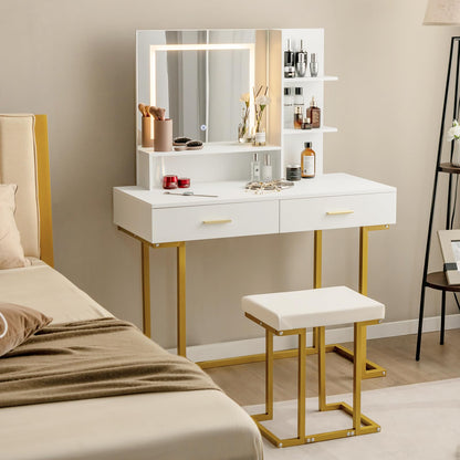 Dressing Table and Stool Set with 3-Color LED Lights Mirror, 2 Drawers and Storage Shelves