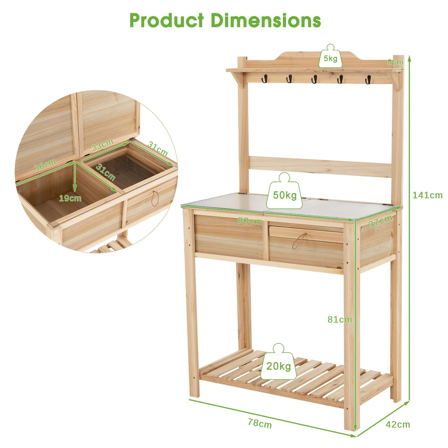 GiantexUK Garden Potting Table, Wood Potting Bench with Flip-up Galvanized Metal Top