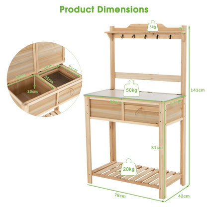 GiantexUK Garden Potting Table, Wood Potting Bench with Flip-up Galvanized Metal Top