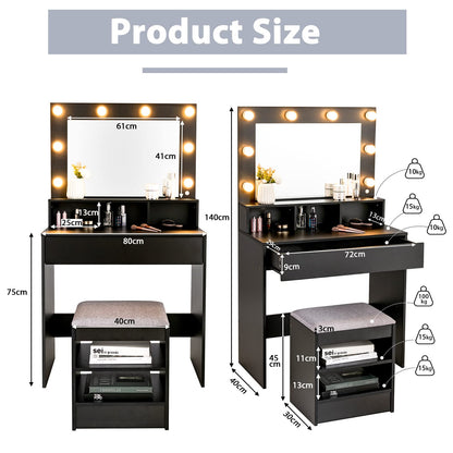 Dressing Table Set with LED Lights Hollywood Mirror, Drawer and Shelves