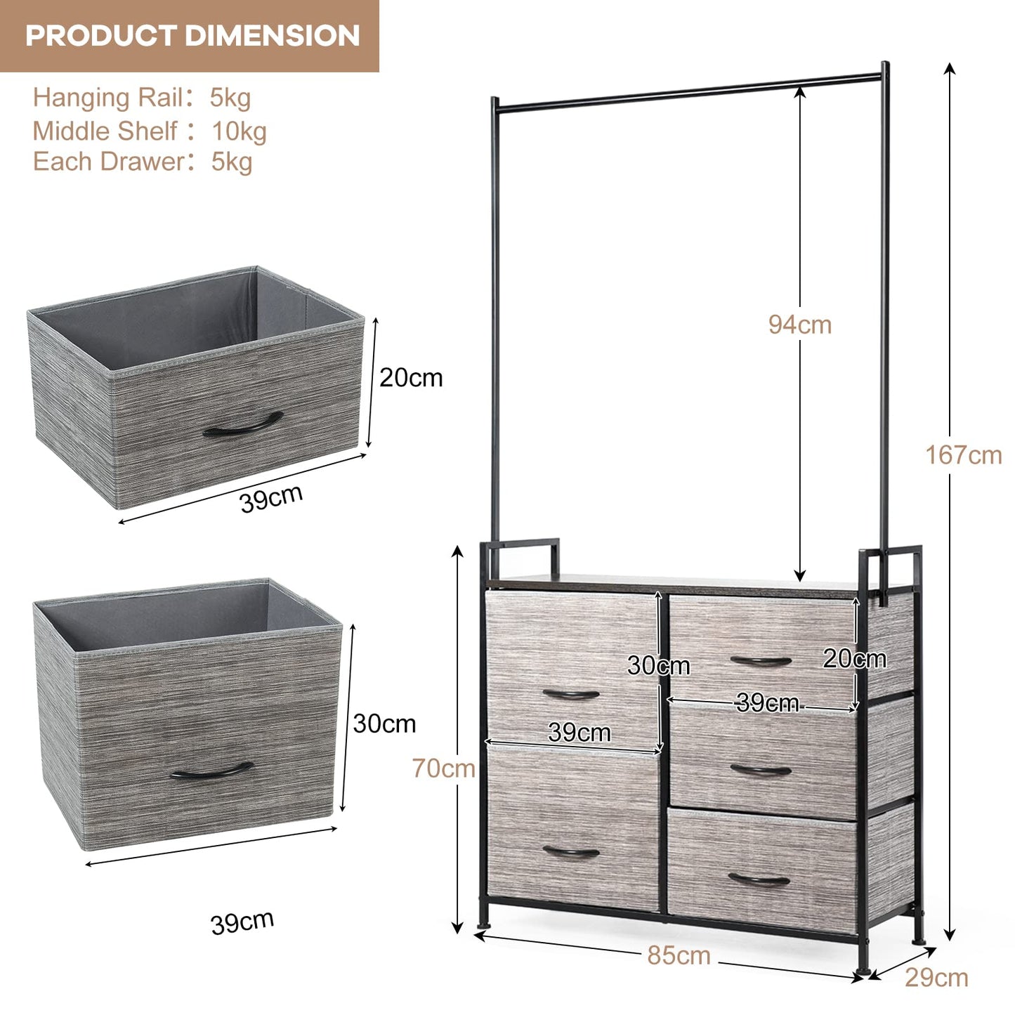 GiantexUK Coat Clothing Rail, Metal Garment Rack with Fabric Drawer (5 Drawers)