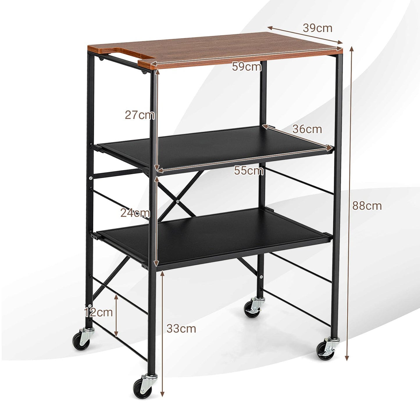 GiantexUK 3-Tier Storage Shelving Cart, Kitchen Rolling Serving Trolley with 2 Adjustable Metal Shelves