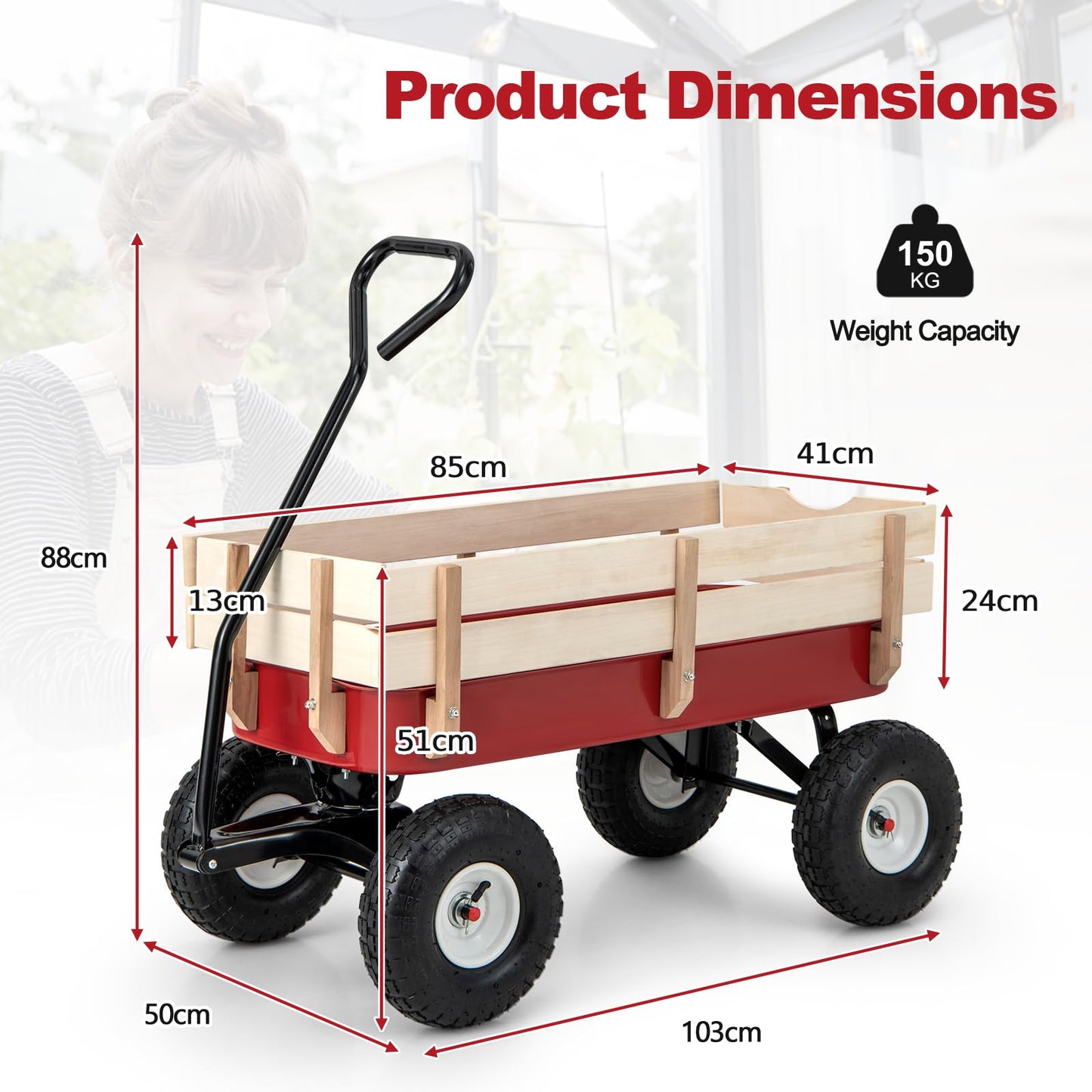 GiantexUK Garden Wagon Cart, Pull Along Cart Kids Trailer with Adjustable Handle & Pneumatic Wheels