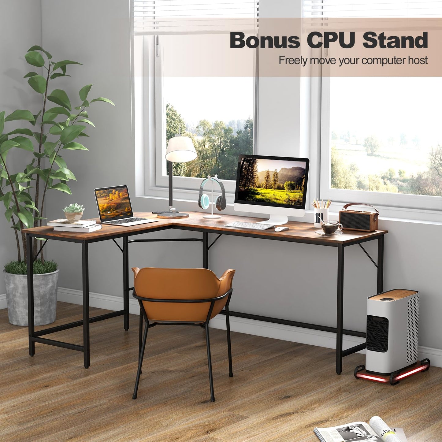 L-Shaped Computer Desk, 168cm Metal Frame Corner Writing Workstation with Charging Station