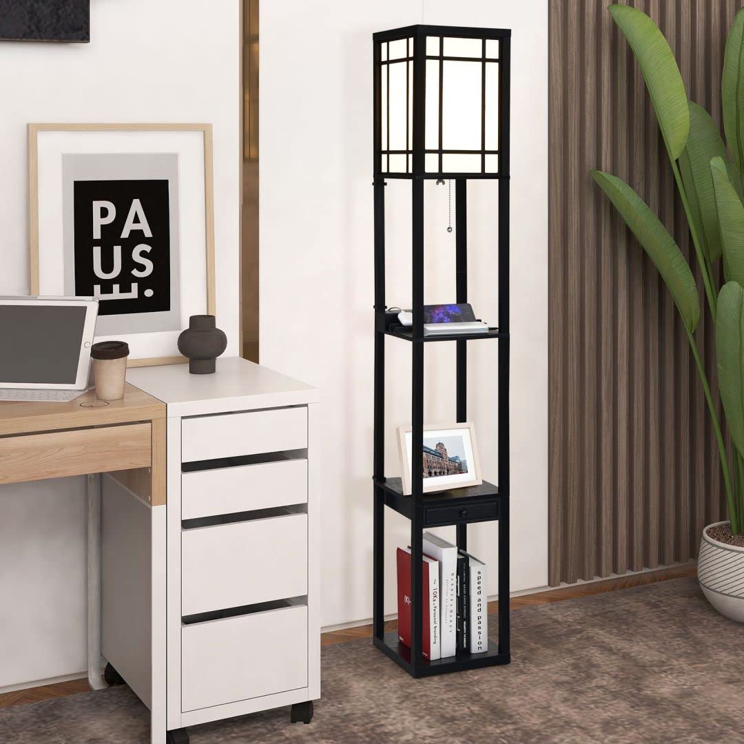 GiantexUK Floor Lamp with Shelves, 3 Layers Tall Standing Light with 2 USB Charging Ports and 1 Drawer (Linear Patterns)