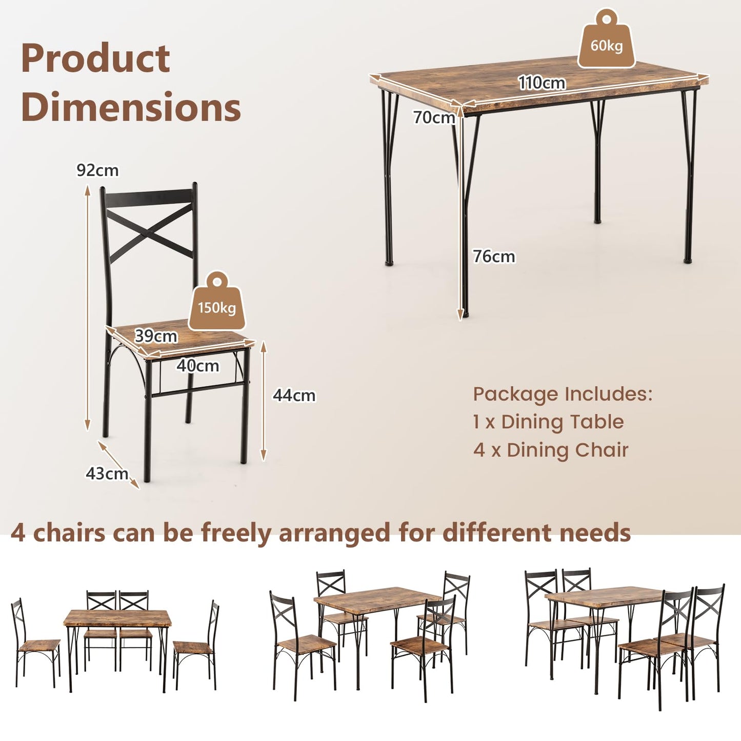 Dining Table and Chairs Set 4, Wood Effect Rectangular Kitchen Table and 4 Chairs with Wide Back