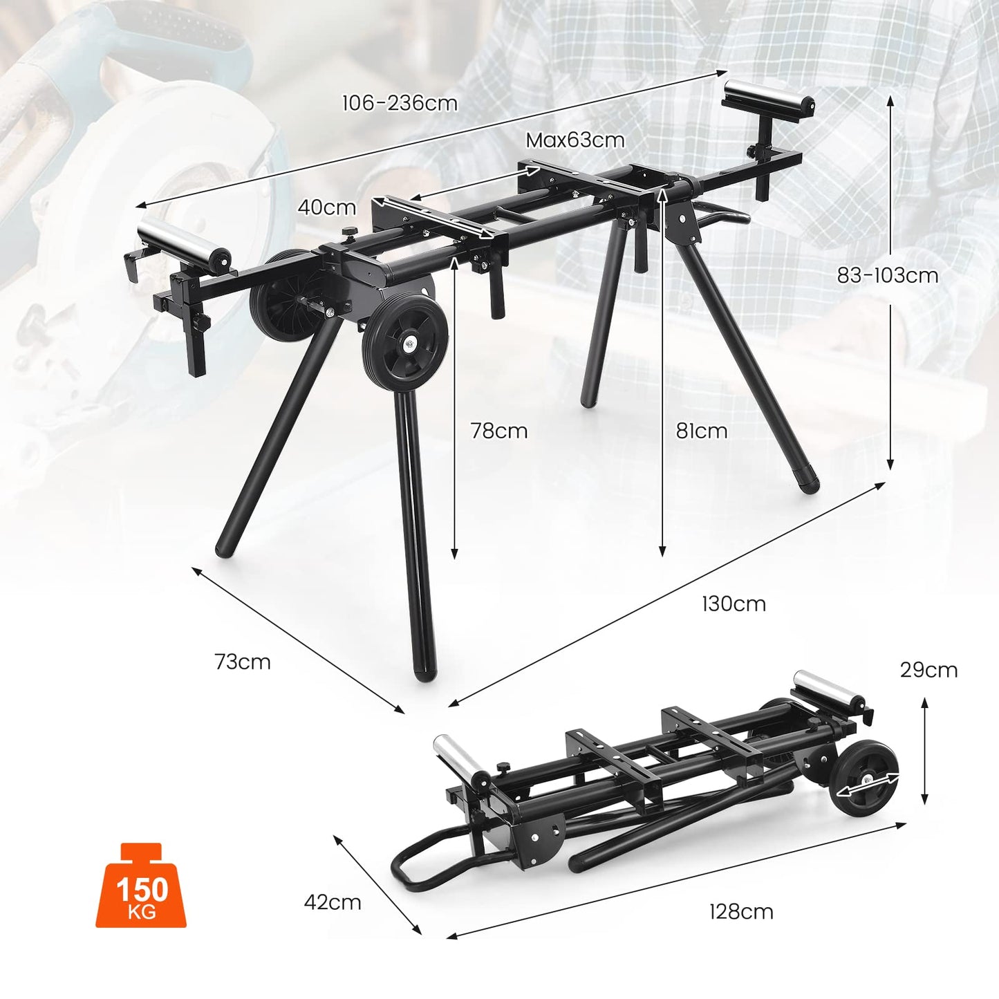 GiantexUK Mitre Saw Stand with Wheels, Universal Folding Saw Bench Stand with Extending Support Arms