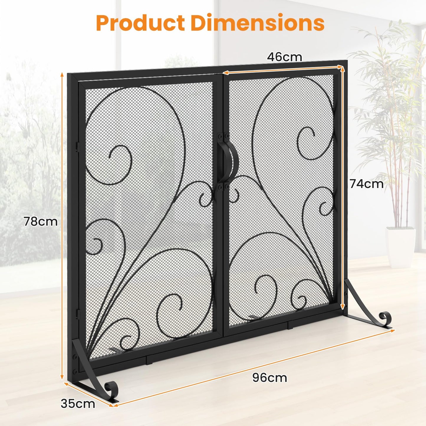 GiantexUK Fire Guard with Double Doors, Heavy Duty Metal Mesh Fireplace Screen with Stands, Black