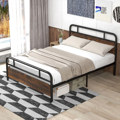 Single/Double/King Platform Bed Frame, Metal Slatted Mattress Foundation with Headboard & Footboard