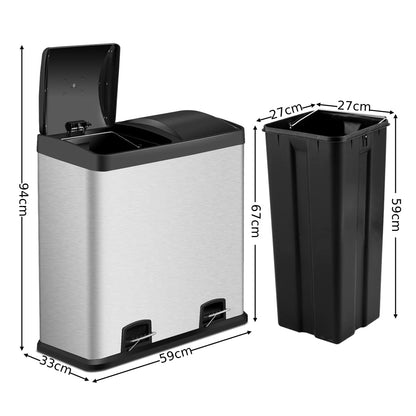 GiantexUK 60L Recycling Pedal Bin, 2x30L Stainless Steel Kitchen Trash Can with 2 Detachable Inner Buckets & Handles