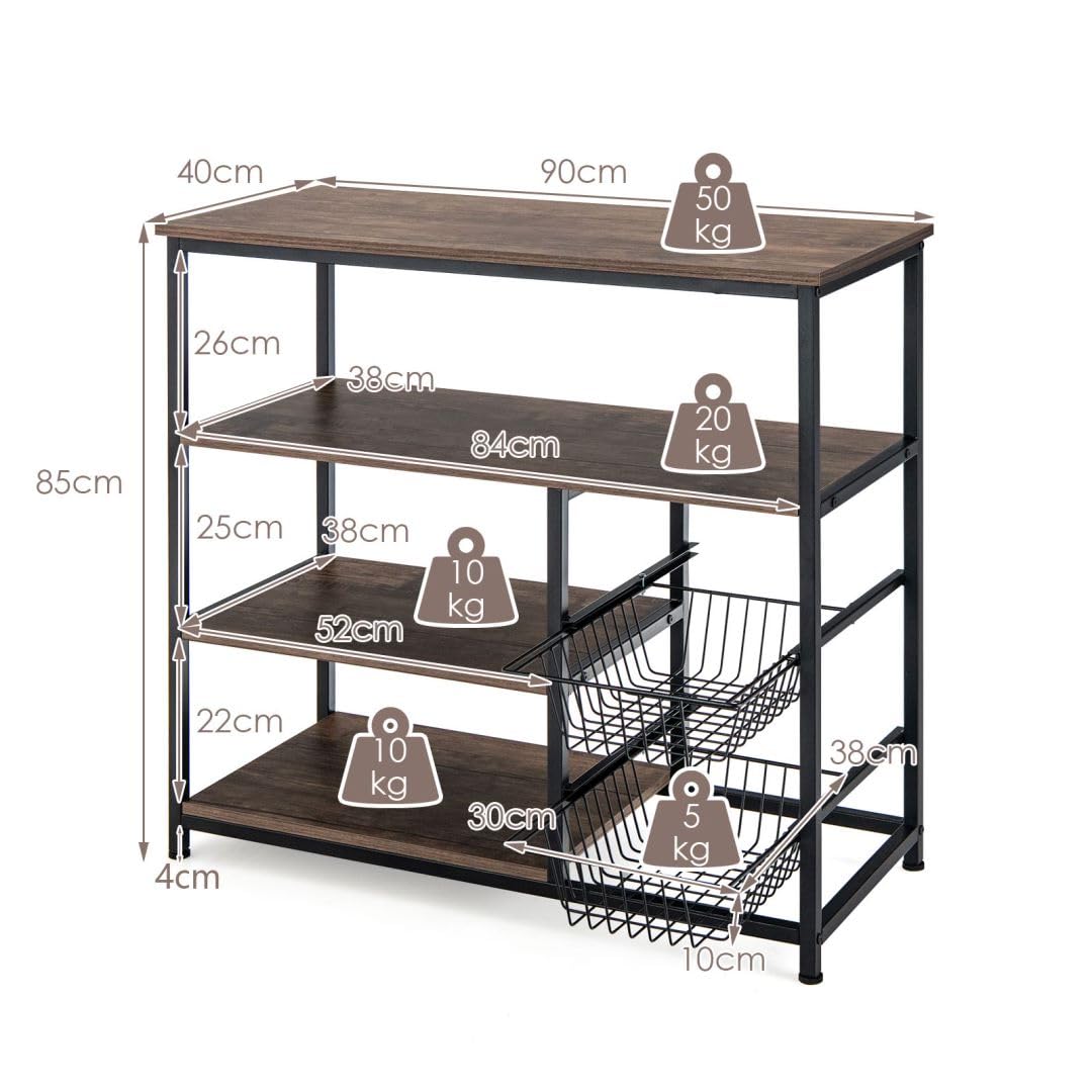 GiantexUK Kitchen Baker's Rack, Microwave Oven Stand with Mesh Baskets, Wheels & Hooks (No Wheels, No Hooks, 2 Baskets)