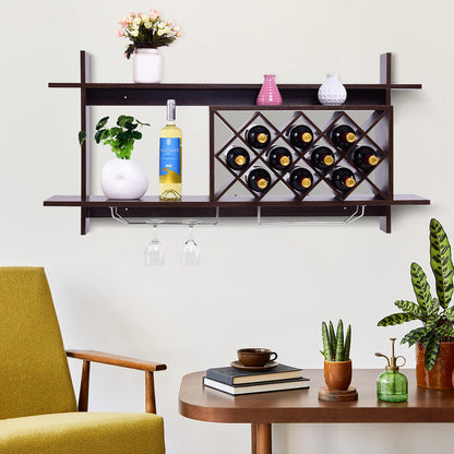 GiantexUK Wall Mounted Wine Rack, Floating Wine Storage Shelf with Goblet Holder