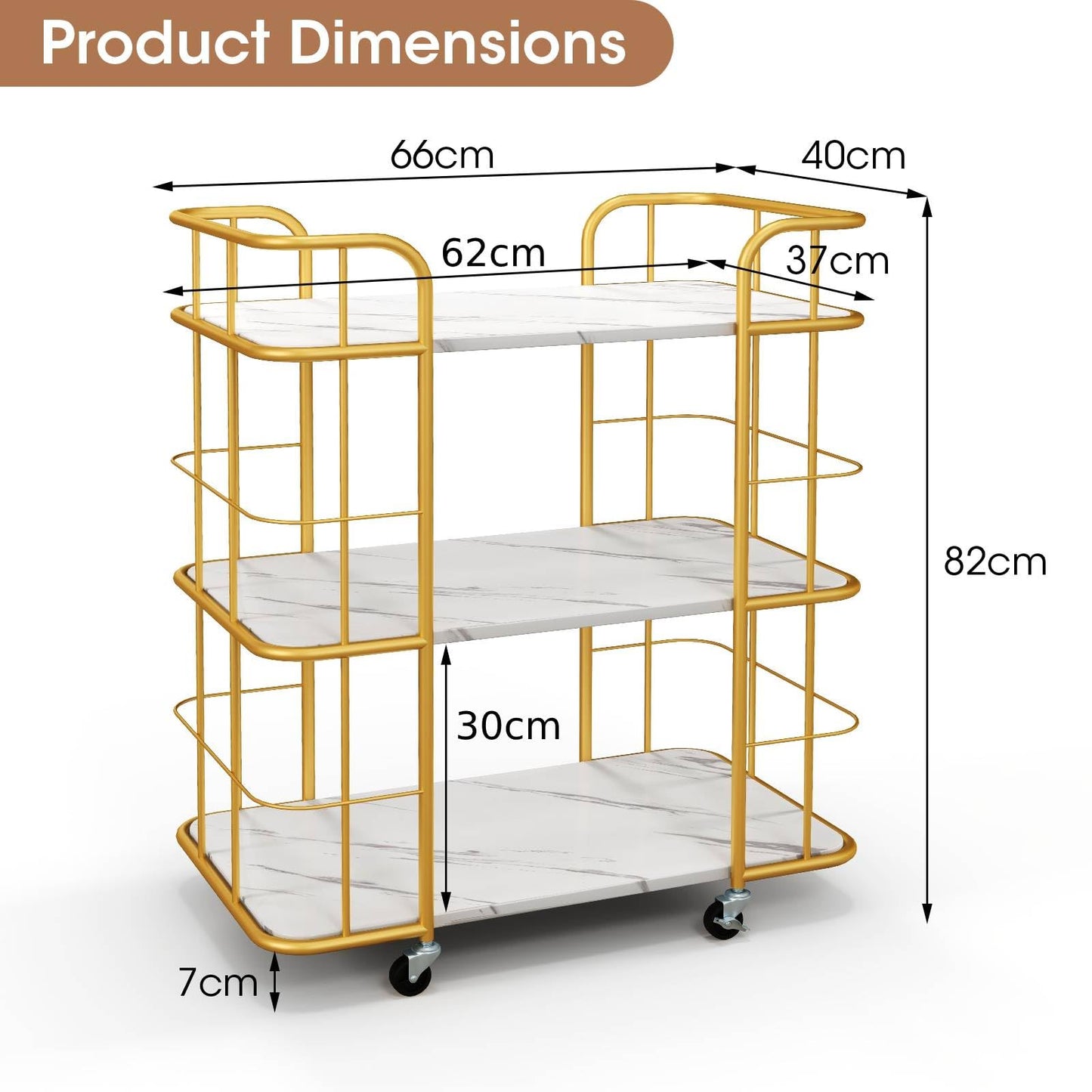 GiantexUK Serving Cart, 3-Tier Metal Frame Kitchen Cart Trolley with Faux Marble Shelves, Lockable Wheels & Handles, Modern Rolling Bar Trolley for Home Dining Living Room