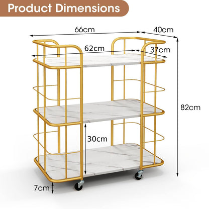 GiantexUK Serving Cart, 3-Tier Metal Frame Kitchen Cart Trolley with Faux Marble Shelves, Lockable Wheels & Handles, Modern Rolling Bar Trolley for Home Dining Living Room