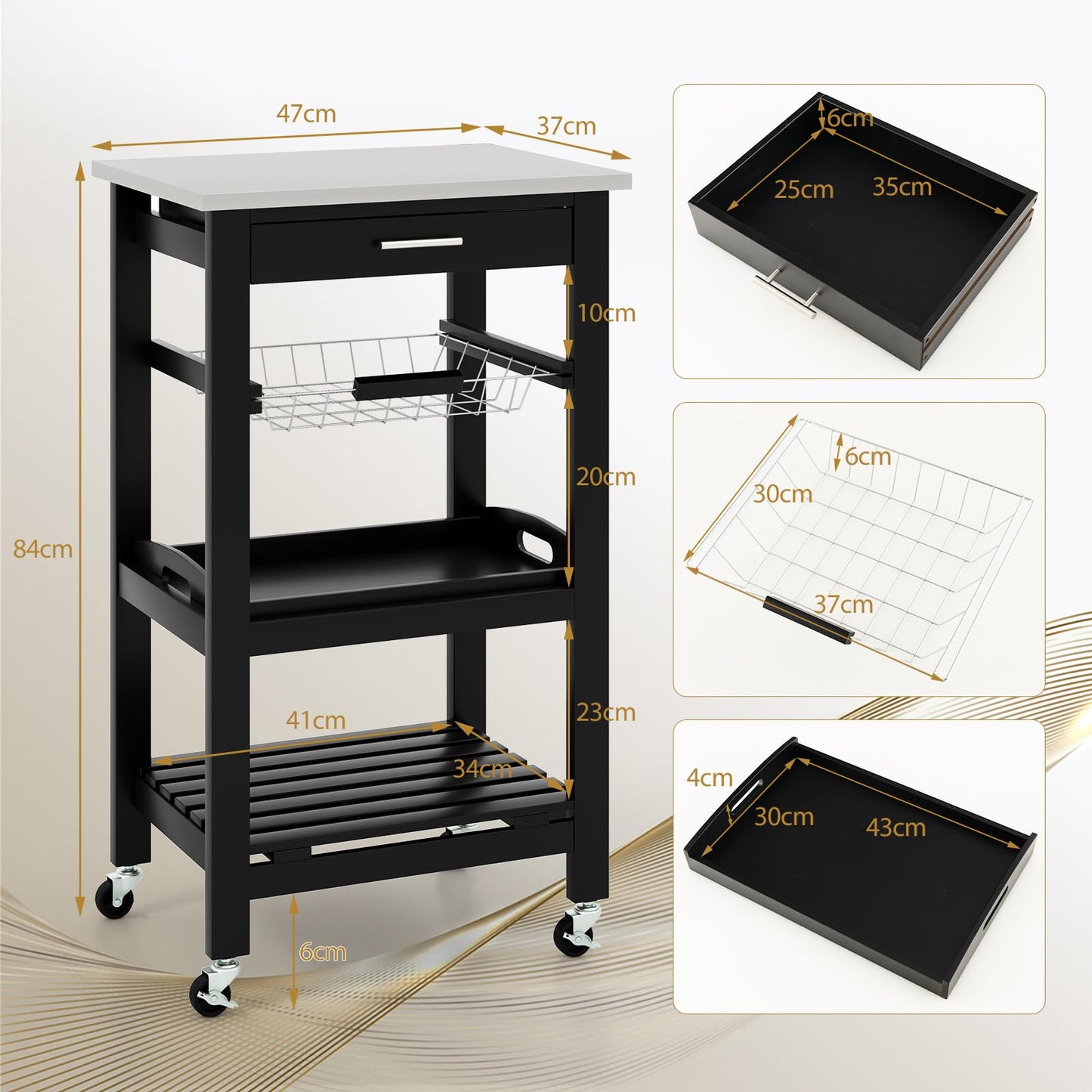 GiantexUK 4-Tier Kitchen Storage Trolley on Wheels, Rolling Storage Cart with Stainless Tabletop