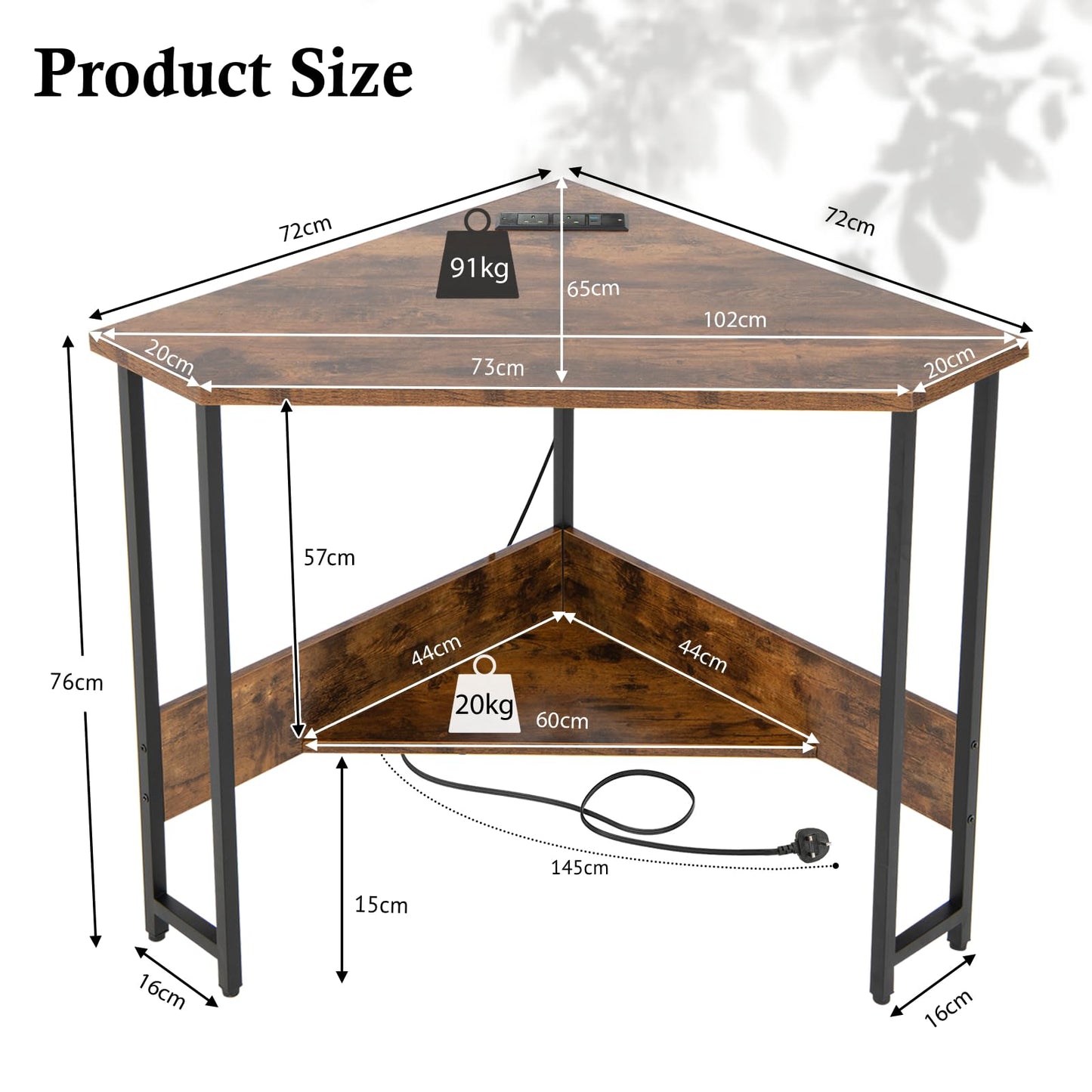 Corner Computer Desk, Triangular Writing Desk with Power Outlet & Metal Frame, Without Keyboard Tray