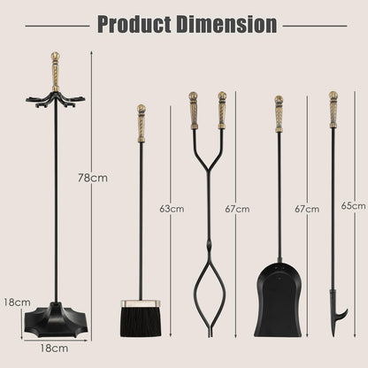 GiantexUK 5-Piece Fireplace Companion Set, Wrought Iron Fire Place Tools Set with Stand, Tong, Shovel, Brush & Poker, Fireside Wood Burner Stove Accessories