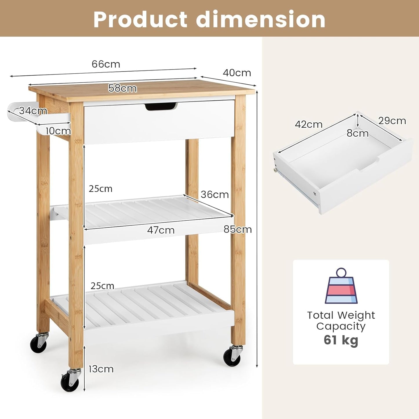 GiantexUK Kitchen Storage Trolley on Wheels, Serving Cart with Bamboo Worktop, Drawer, Storage Shelves