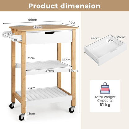 GiantexUK Kitchen Storage Trolley on Wheels, Serving Cart with Bamboo Worktop, Drawer, Storage Shelves