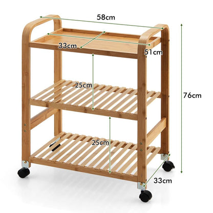 GiantexUK 3/4-Tier Rolling Cart, Multi-Function Bamboo Storage Trolley with Removable Wheels(3 Tier, 58 x 33 x 76cm)