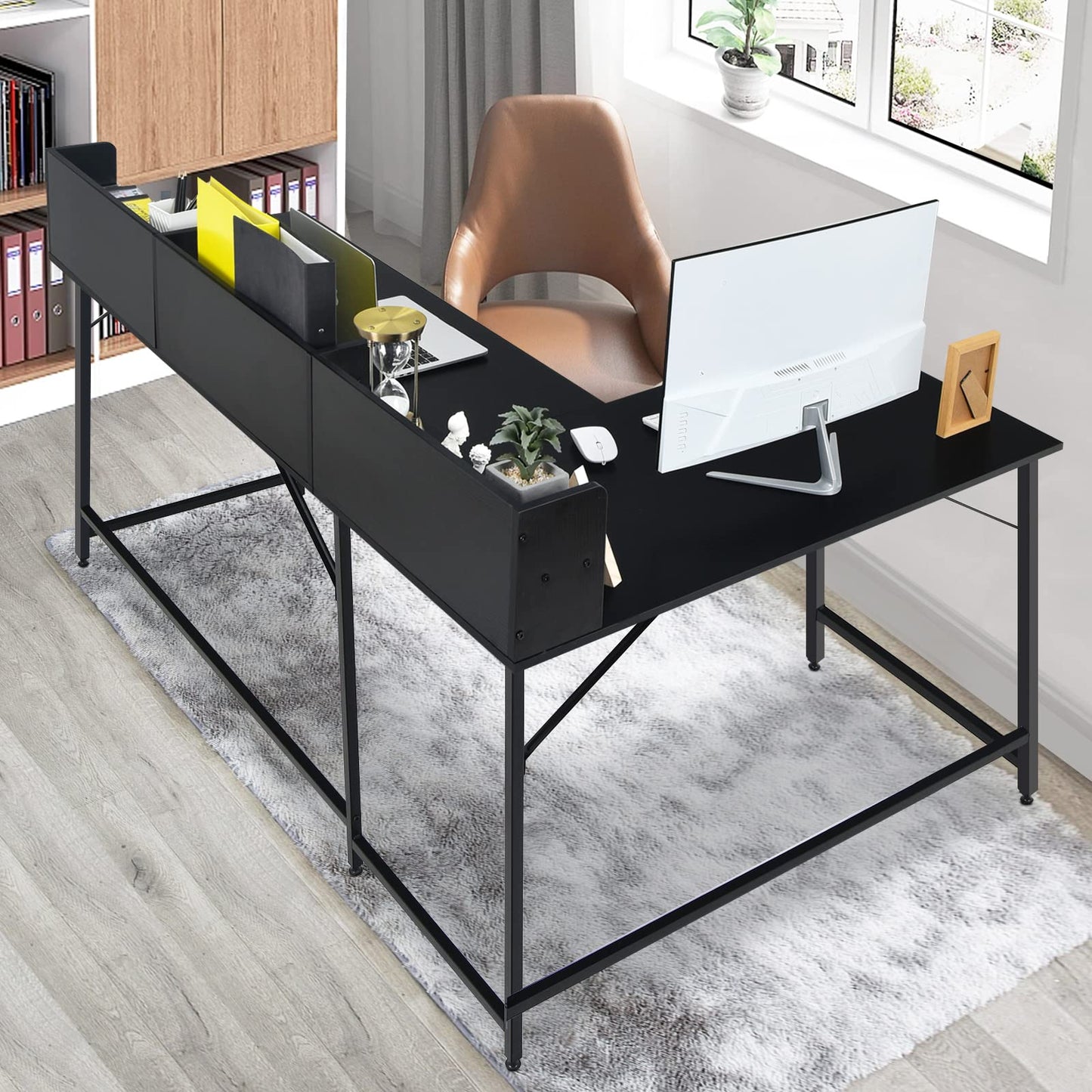 L-Shaped Computer Desk, Industrial Large Corner Desk Writing Study Table with Hutch