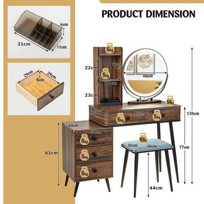 Dressing Table and Stool Set with 3-Color LED Lights Mirror, Drawers, Shelves & Charging Station, Round Mirror