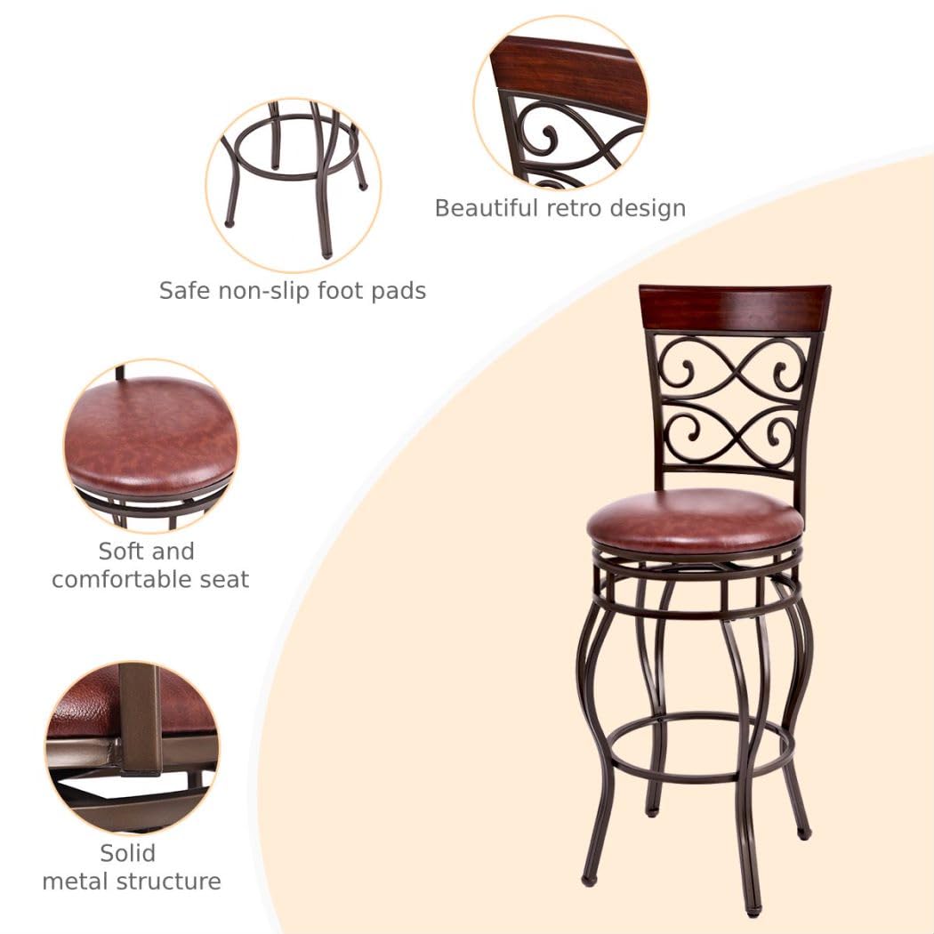 Set of 2 Retro Bar Stools, 360° Swivel PU Leather Padded Bar Chairs with Backrest & Footrest