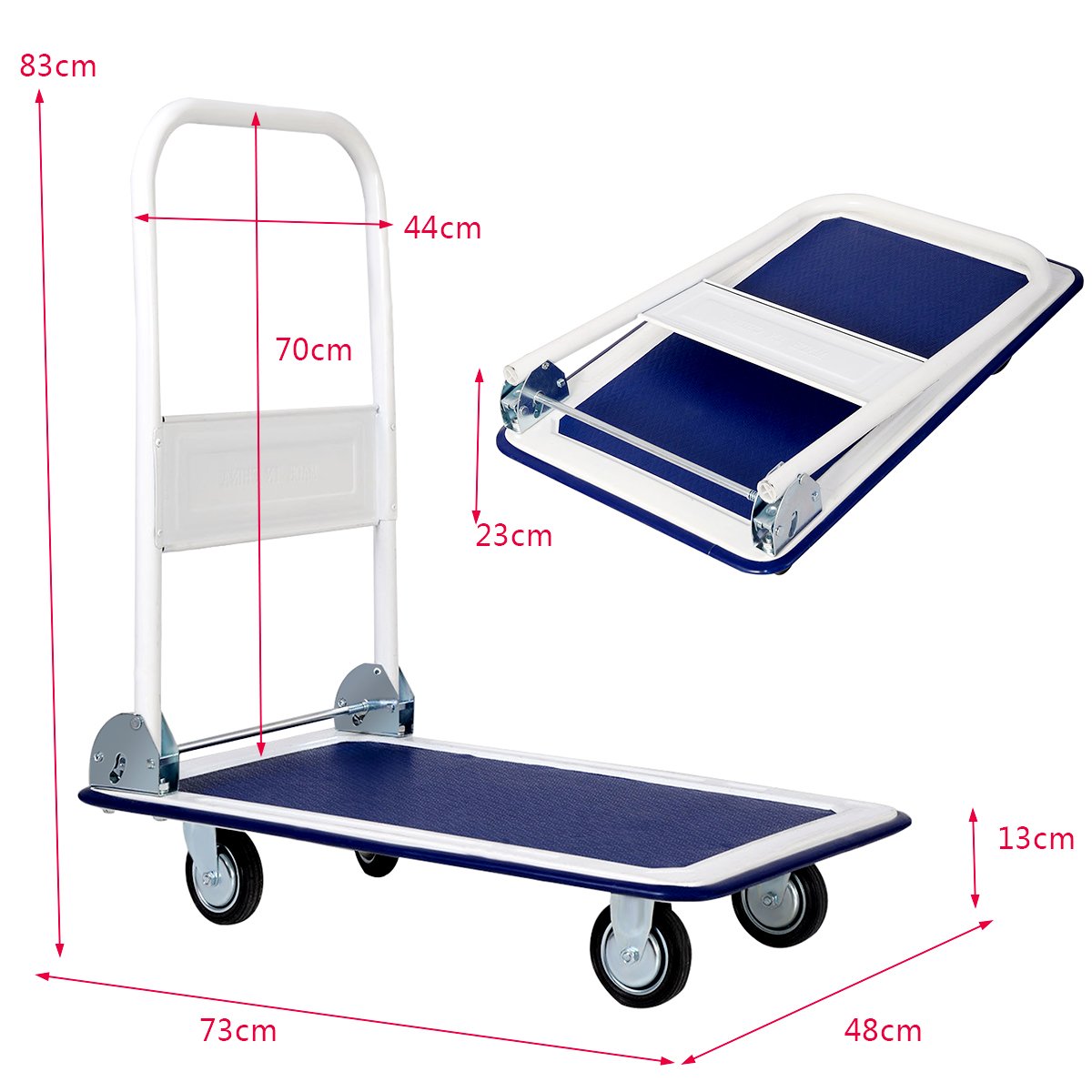 GiantexUK Folding Hand Sack Truck, 150KG Capacity Heavy Duty Platform Trolley with Wheels & Handle (73x48x83cm, 150KG, Blue+White)