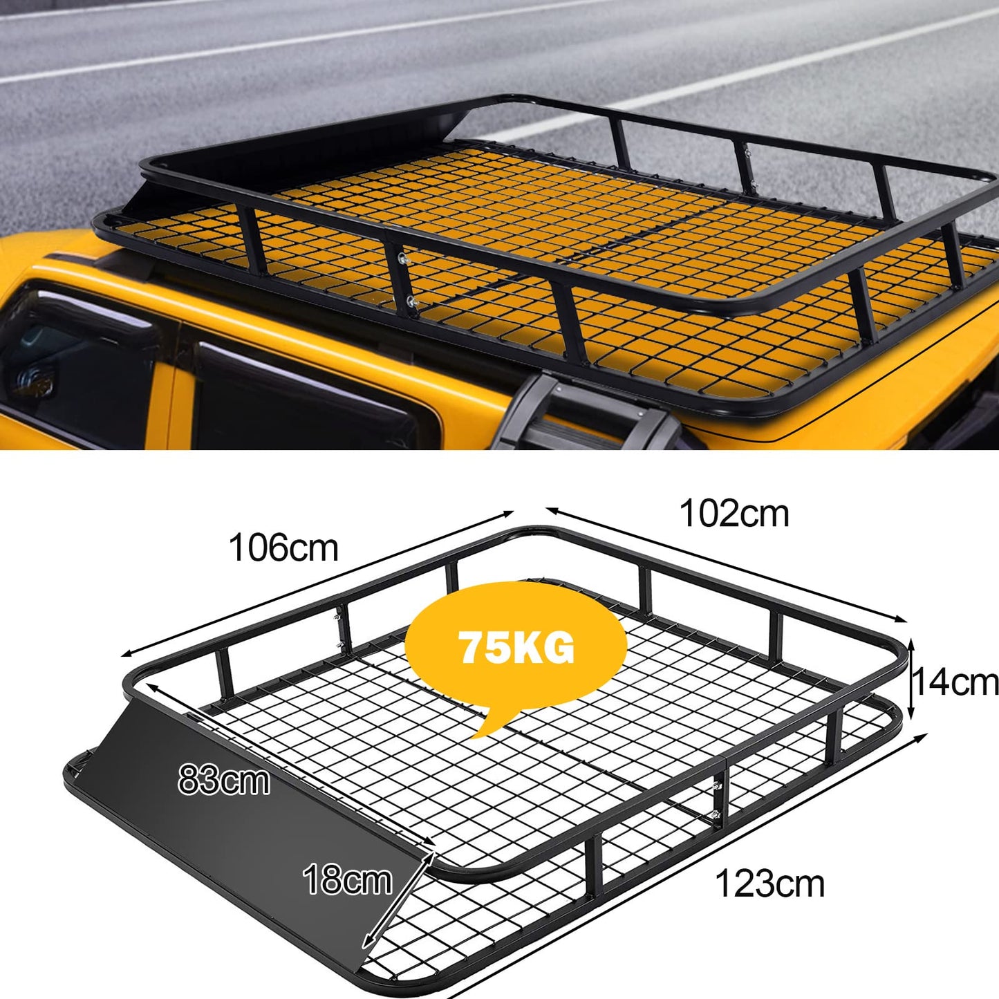 GiantexUK Roof Rack Basket Tray, 123x102x14cm Steel Luggage Cargo Carrier with Bars & Wind Fairing