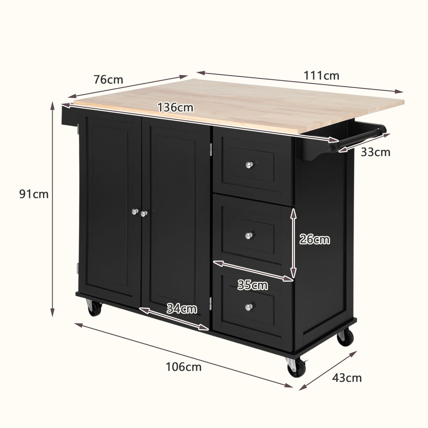 GiantexUK Large Kitchen Island, Extendable Rolling Storage Trolley with 3 Drawers and Adjustable Shelves