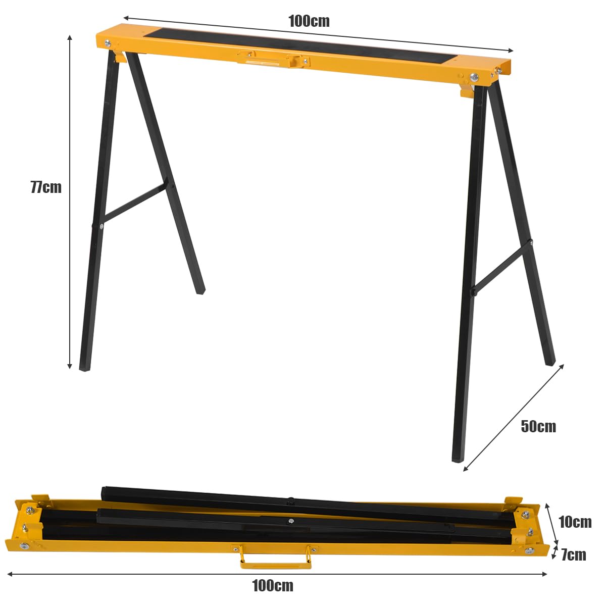 GiantexUK 2PCS Folding Saw Horse, Twin Pack Metal Trestle Stands with Non-Slip Work Surface and Convenient Handle