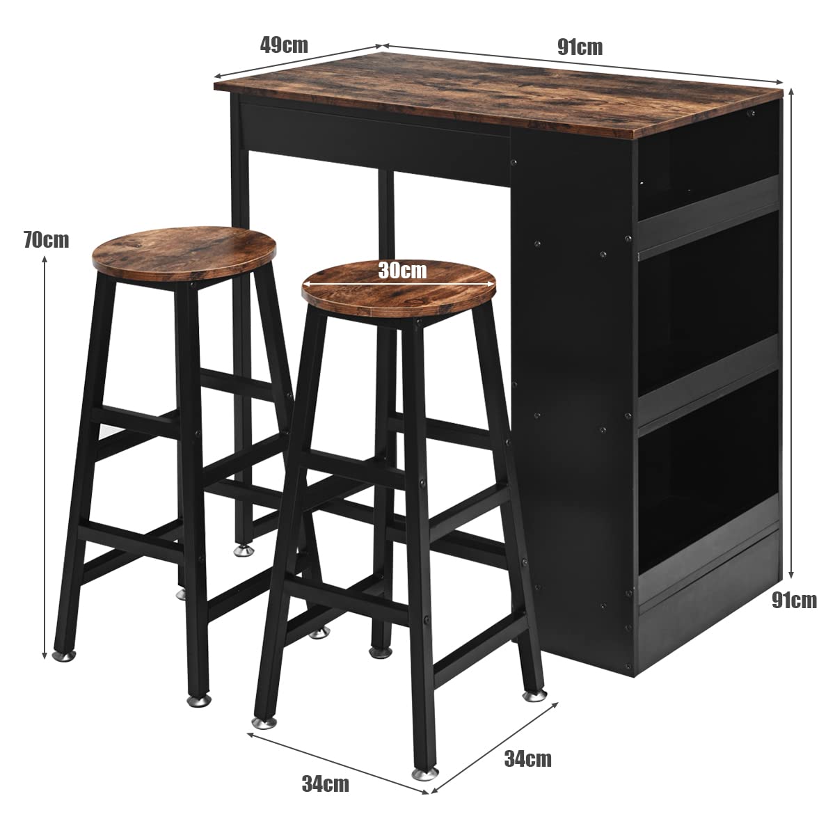 GiantexUK 3PCS Bar Table Set, Industrial Counter Height Dining Table and 2 Stools with 3-Tier Side Shelves