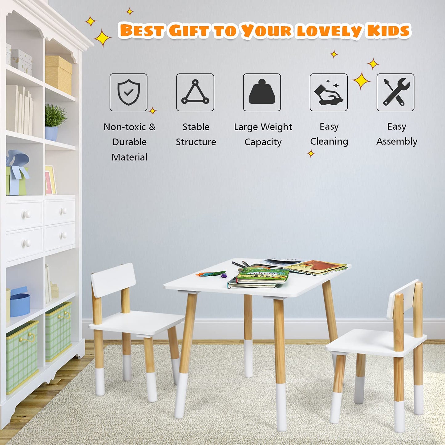 Kids Table and 2 Chairs, Wooden Children Table Chair Set with Non-slip Foot Pads