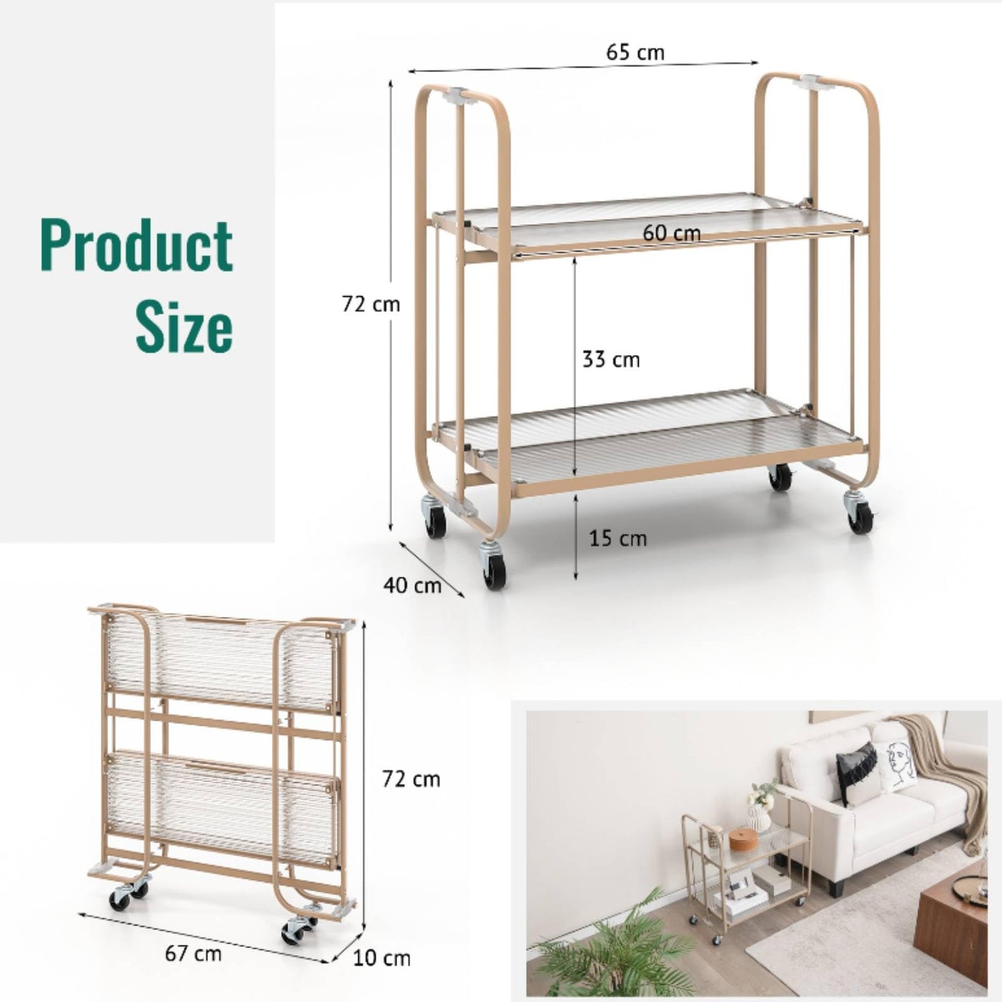 GiantexUK 2-Tier Folding Kitchen Trolley, Metal Frame Rolling Utility Cart with Lockable Wheels