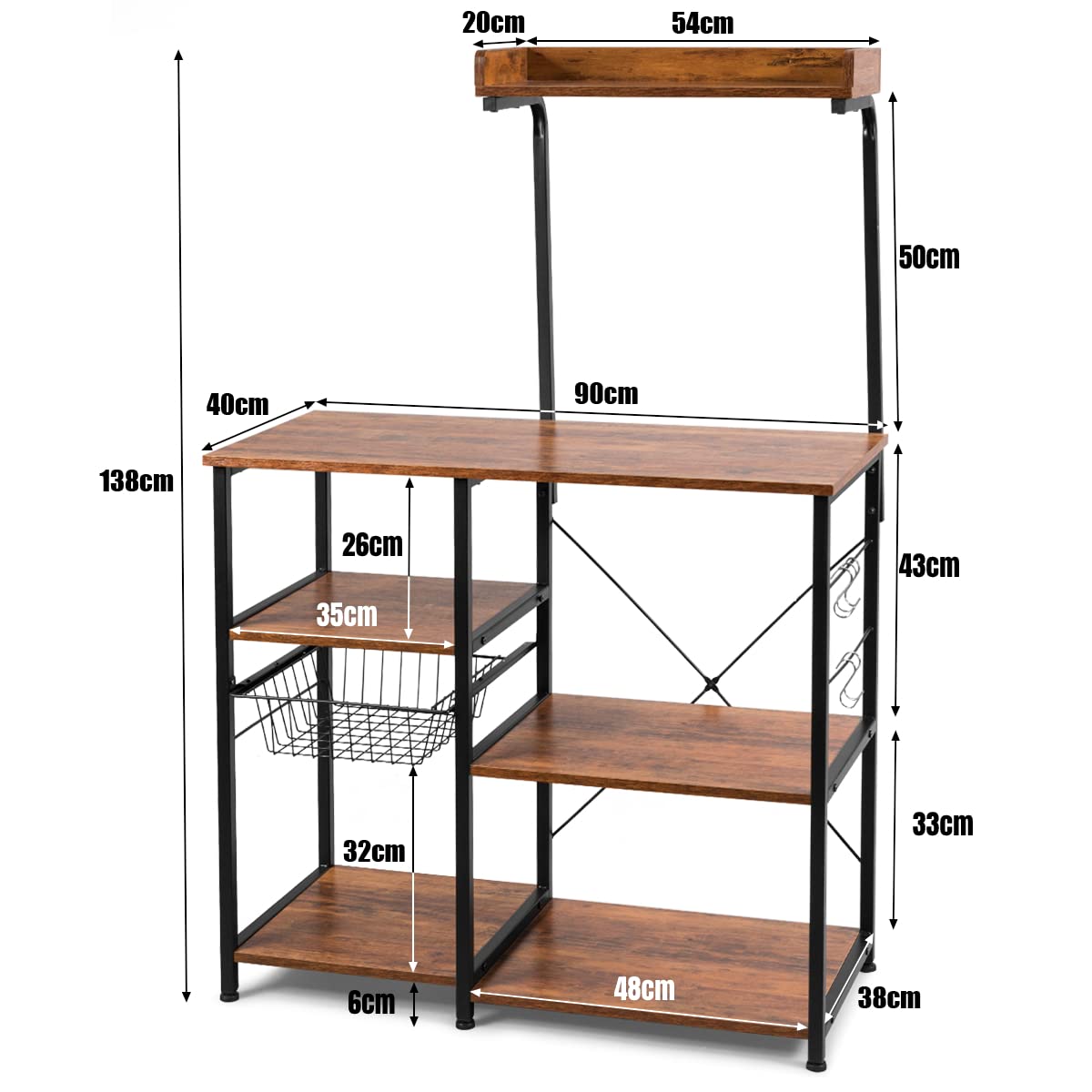 GiantexUK Kitchen Baker’s Rack, Freestanding Microwave Oven Storage Unit with 5 Hooks and Wire Basket