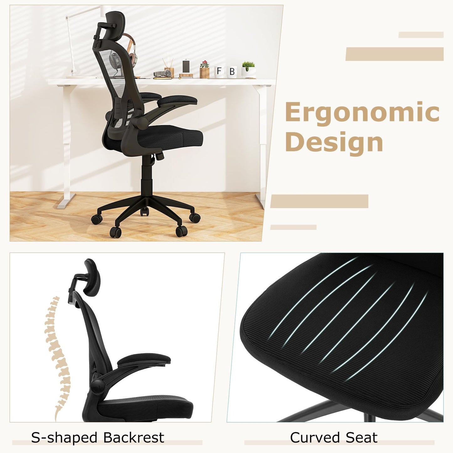 Mesh Office Chair, Ergonomic High Back Swivel Computer Desk Chair with Adjustable Headrest, Black