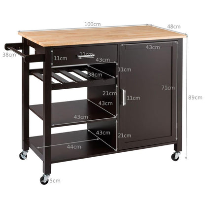 GiantexUK Kitchen Island Cart on Wheels, Mobile Storage Trolley with Oak Wood Countertop